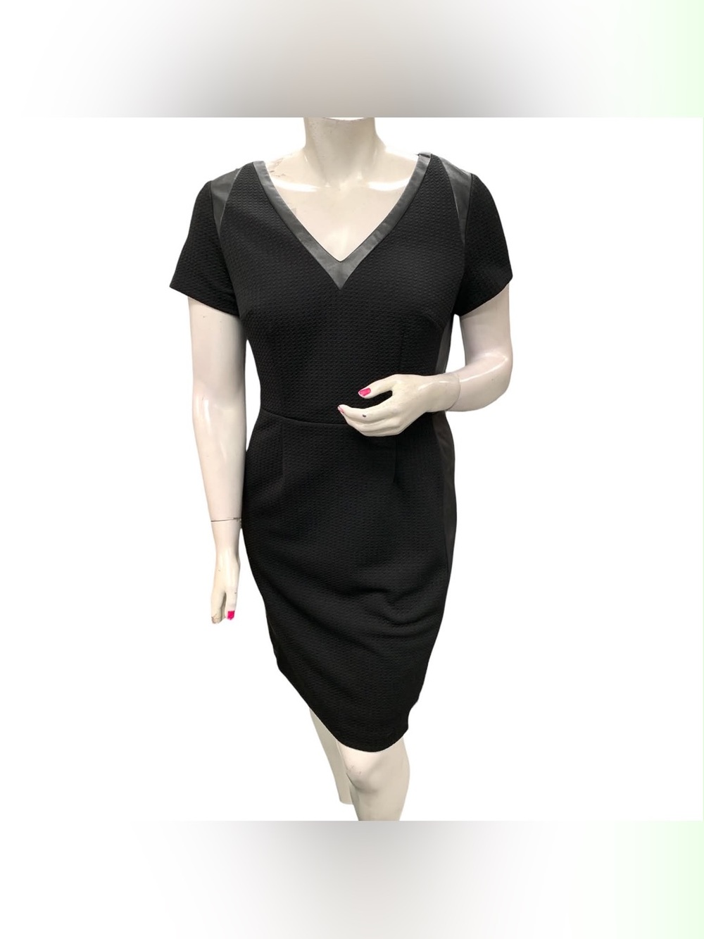 Adrianna Papell Black V-Neck Short Sleeve Sheath Dress Size L